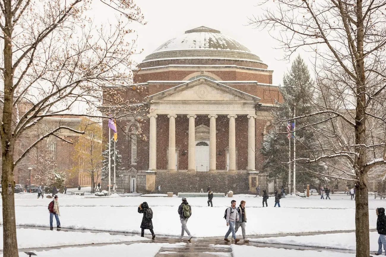 People walking on campus during the winter.